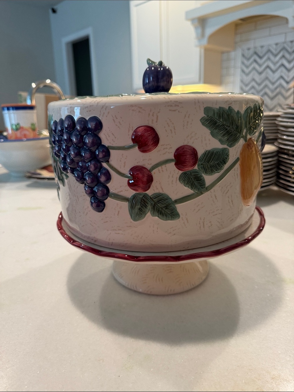 Hand-Painted Ceramic Cake Dome and Pedestal in Cream with Fruit Motif